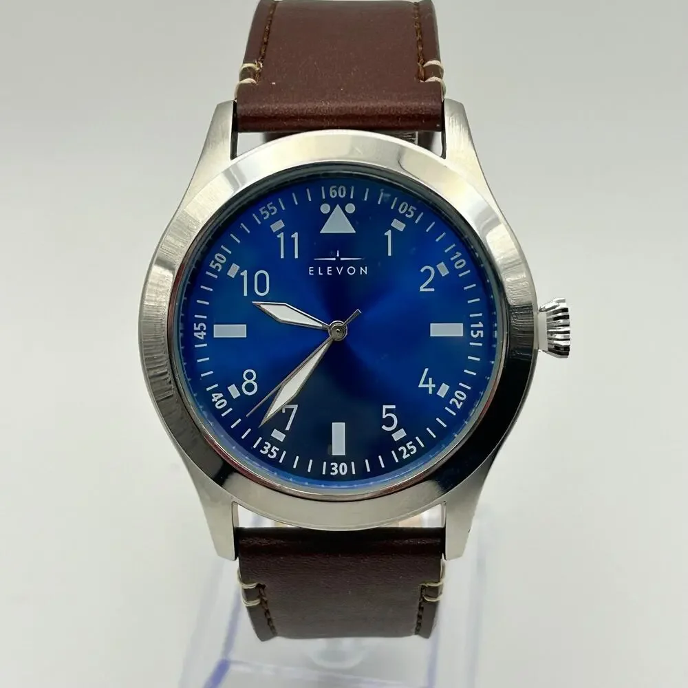 Elevon Silver-tone Case Blue Dial Brown Leather Men’s Watch Working New Battery